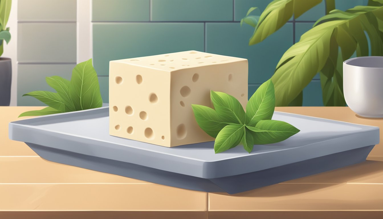 A block of tofu sits on a kitchen counter in a warm, tropical climate. Another block of tofu is stored in a refrigerator in a cool, temperate climate