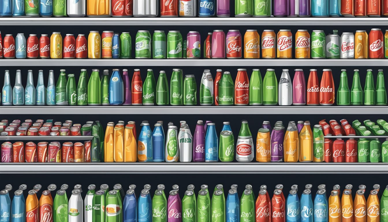 Soda cans and bottles neatly organized on a shelf, some in a refrigerator and others at room temperature