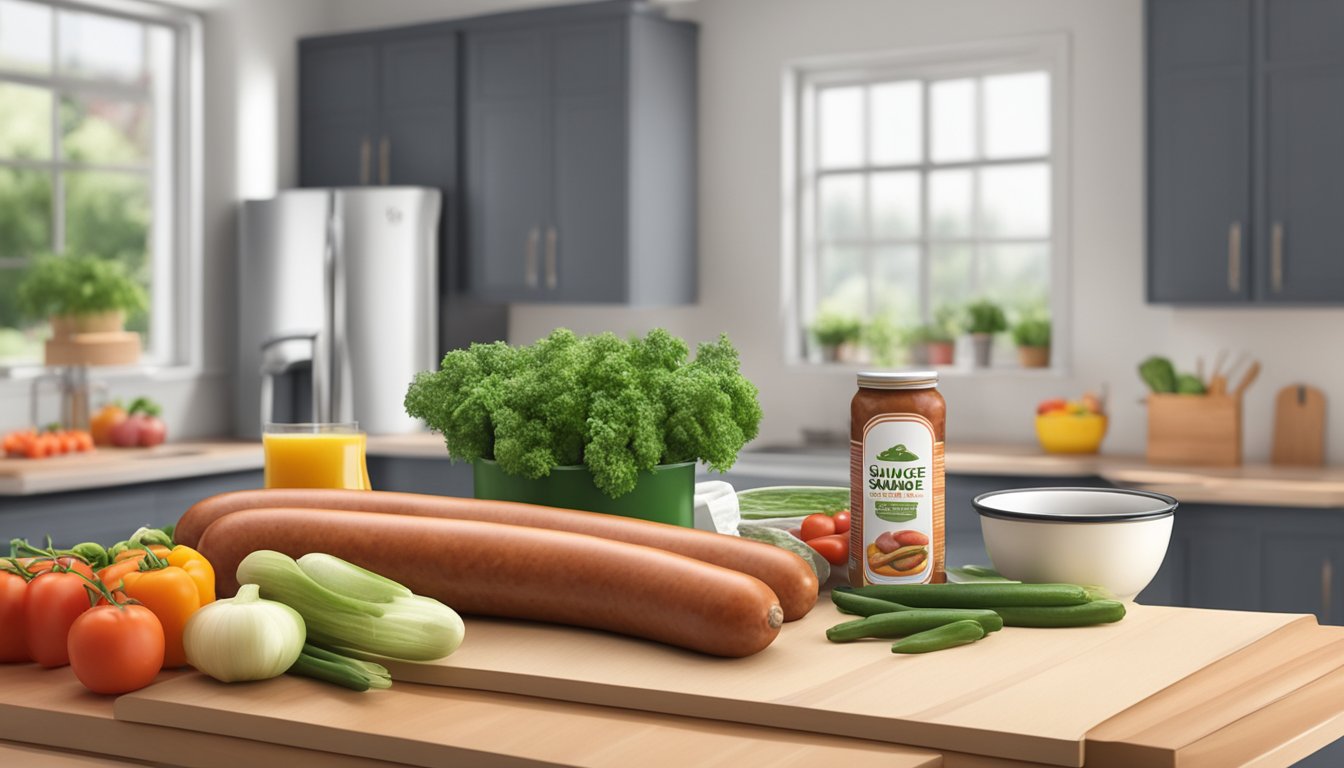 A package of sausage sits on a kitchen counter next to a bowl of fresh vegetables, with a refrigerator in the background