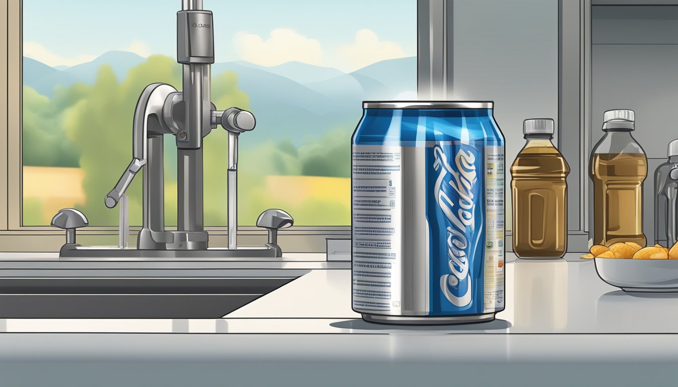 An open soda can sits on a countertop, condensation forming on its surface. A thermometer nearby reads a higher temperature than the surrounding area