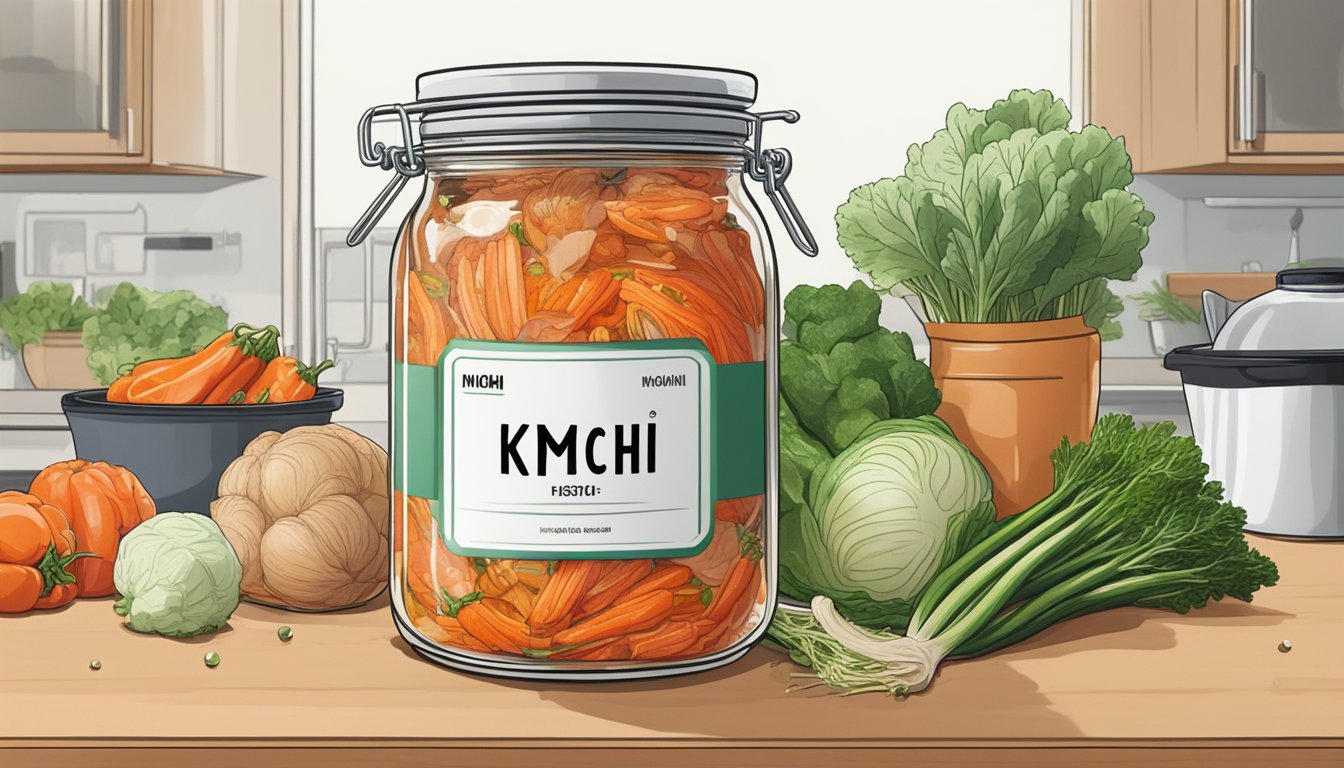 A jar of kimchi sits on a kitchen counter, surrounded by various vegetables and spices. The lid is slightly ajar, with a few bubbles visible in the brine