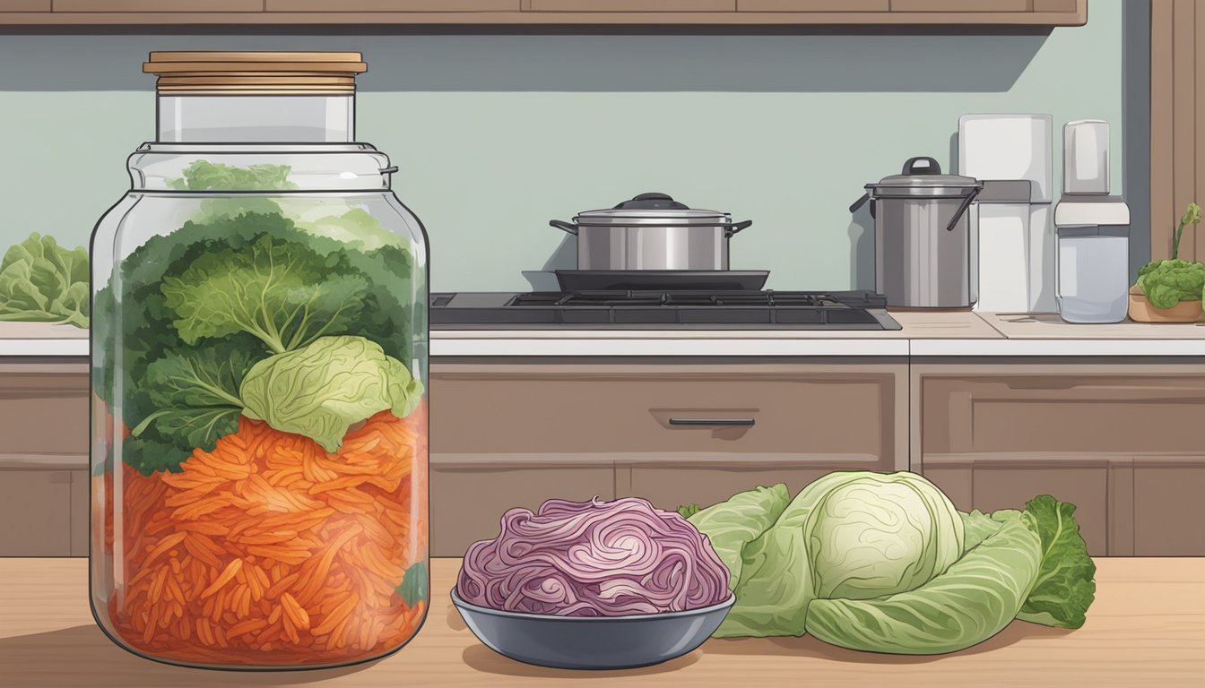 A jar of kimchi sits on a kitchen counter, surrounded by various ingredients like cabbage, garlic, and chili peppers. The jar is covered with a cloth and left to ferment at room temperature