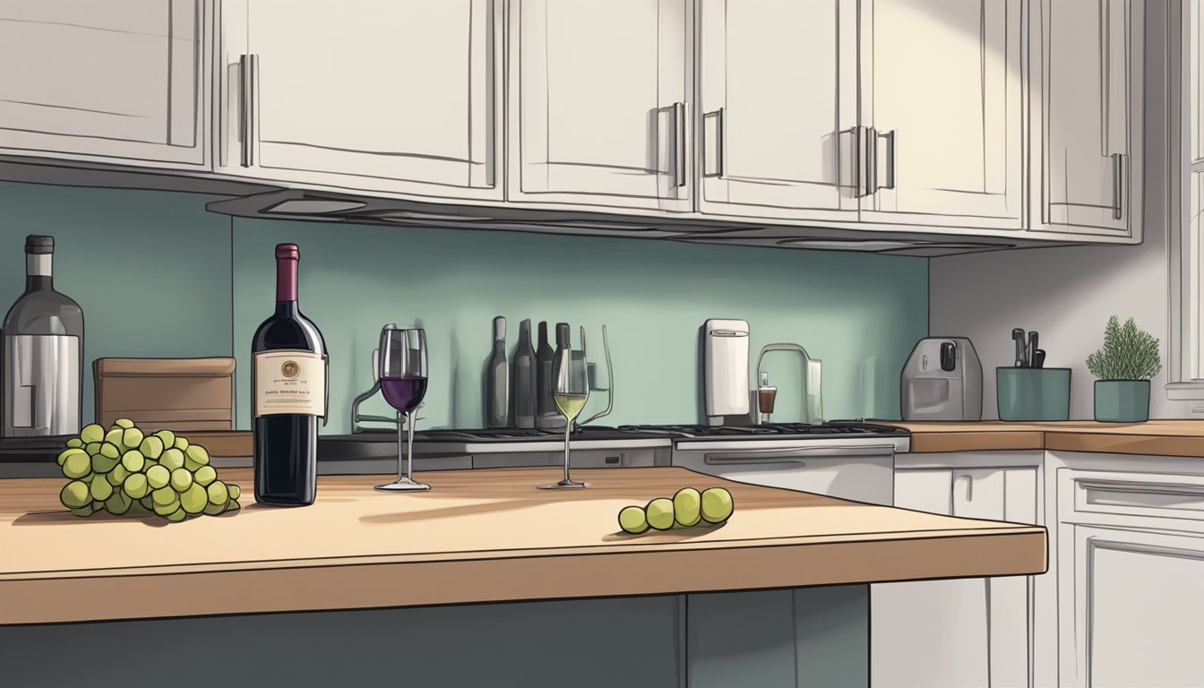 An open bottle of wine sits on a kitchen counter next to a refrigerator. The bottle is uncorked and the wine inside is exposed to the air