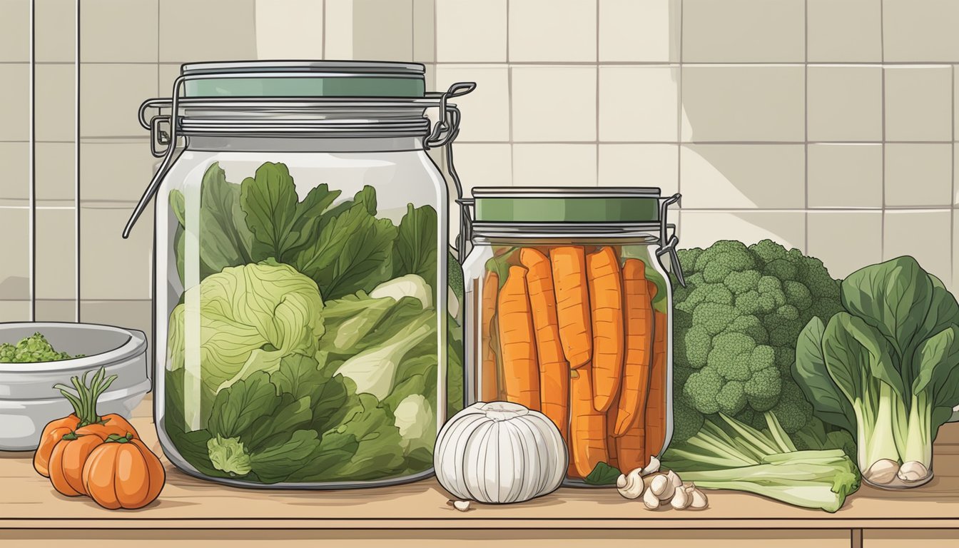 A jar of kimchi sits on a kitchen counter, surrounded by various vegetables and spices. The jar is sealed tightly with a lid, and there is no refrigerator in sight