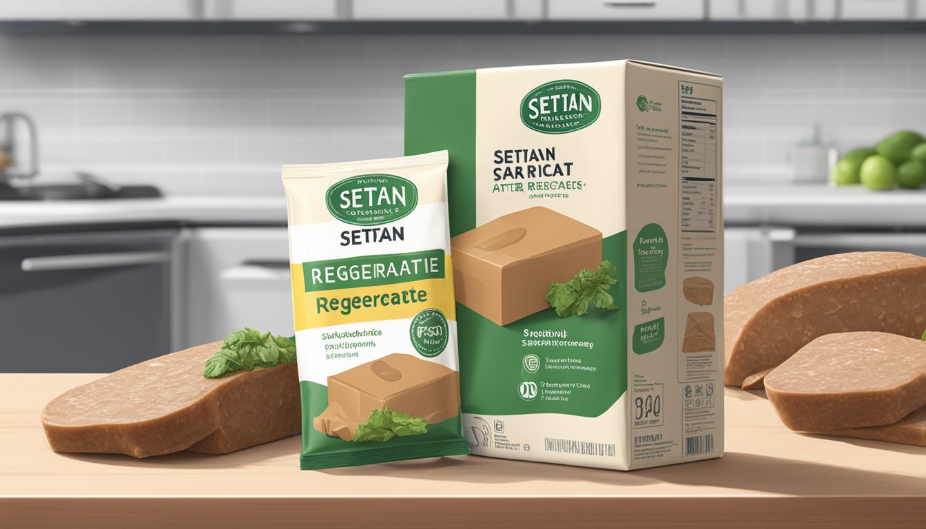 A sealed package of seitan sits on a kitchen counter next to a refrigerator, with a clear label indicating "Refrigerate after opening."