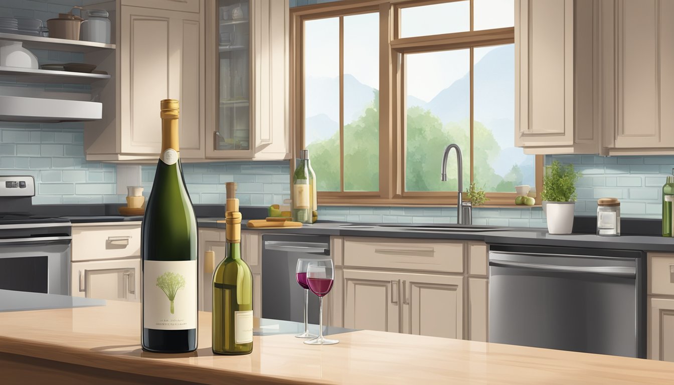 An open bottle of wine sits on a kitchen counter next to a wine stopper and a cork. A refrigerator is visible in the background