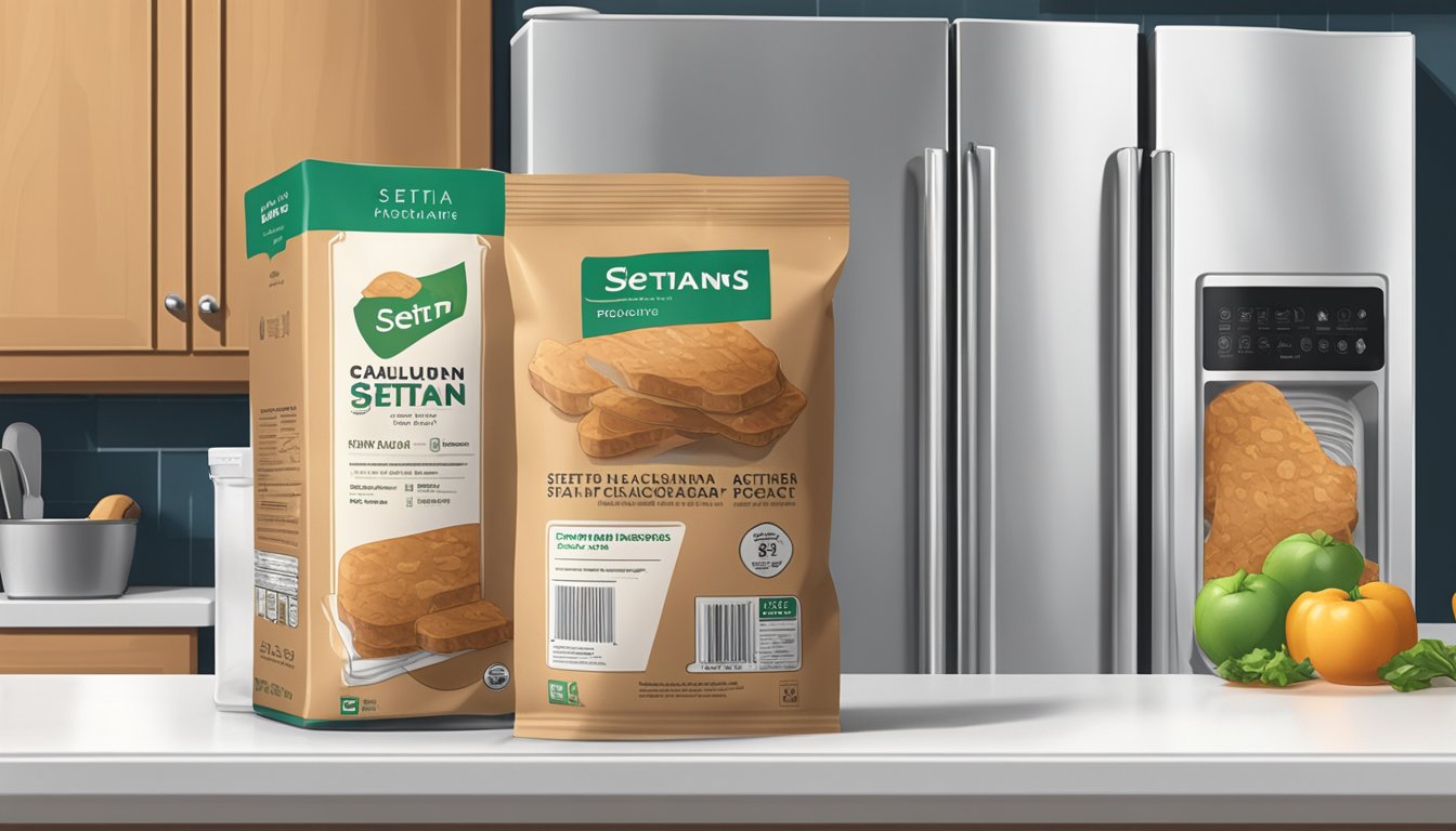 A sealed package of seitan sits on a kitchen counter next to a refrigerator