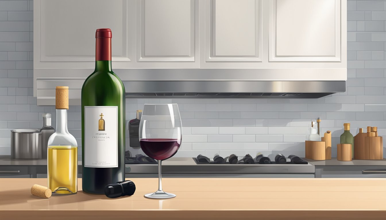 An open bottle of wine sits on a kitchen counter next to a cork and a wine stopper. The refrigerator door is slightly ajar, with a shelf inside reserved for wine bottles