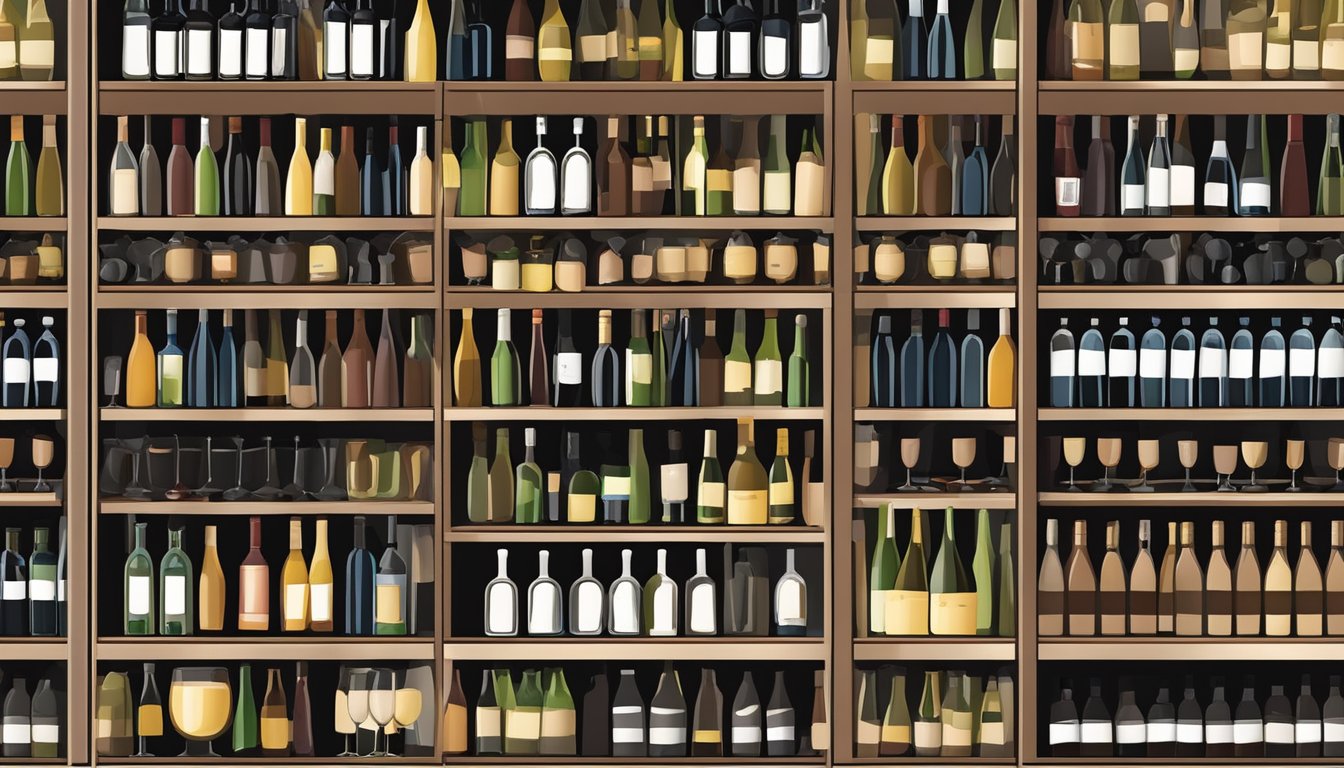 A variety of wine bottles arranged on a shelf, some open with corks nearby, inside a refrigerator with temperature controls visible