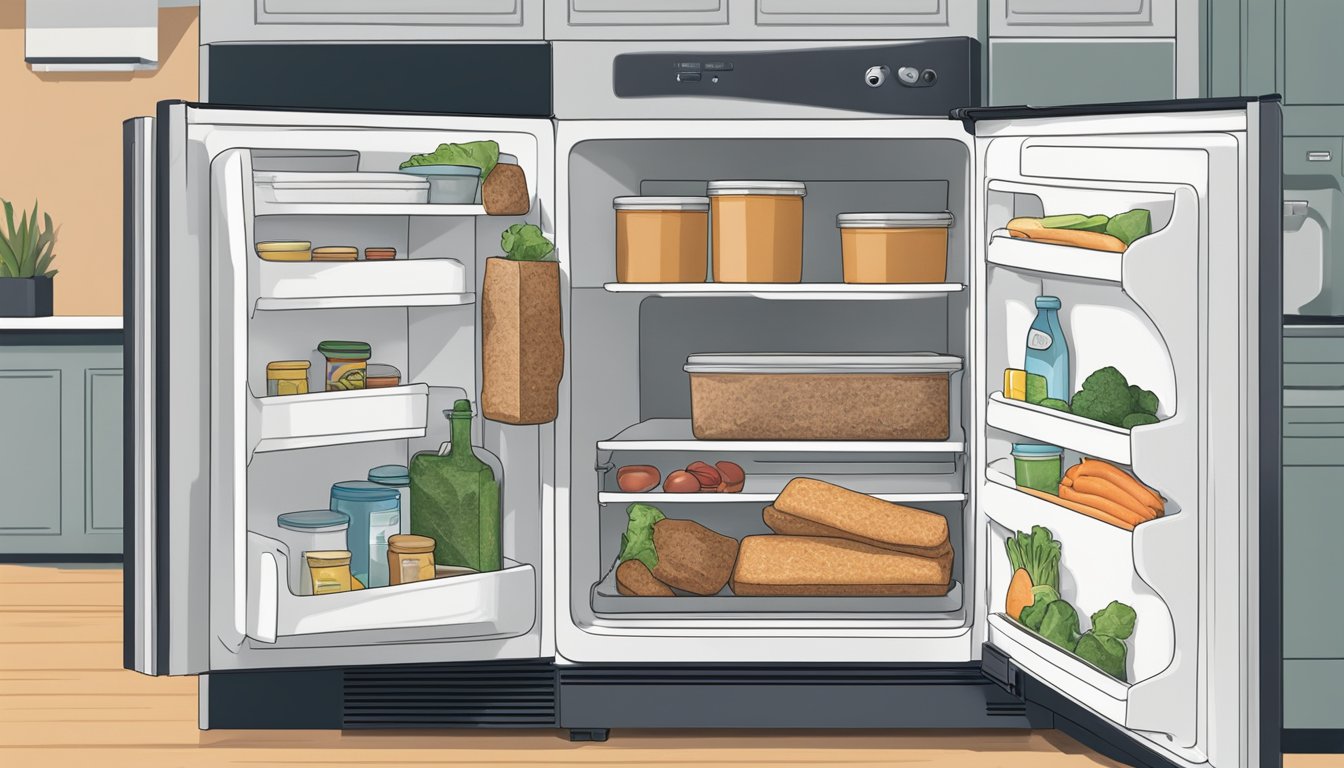 A package of seitan sits on a kitchen counter next to a refrigerator. The refrigerator door is open, with a hand reaching in to grab a container