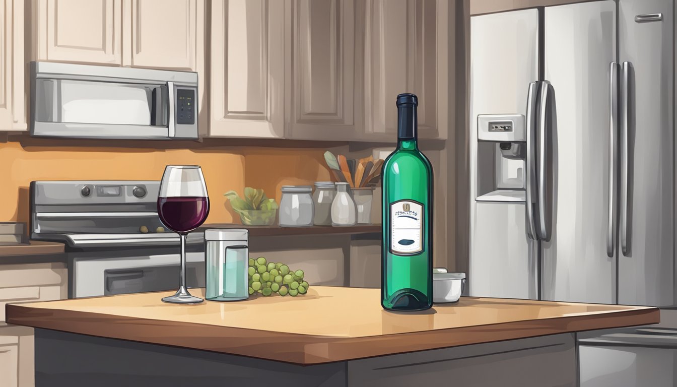 An open bottle of wine sits on a kitchen counter, next to a refrigerator. A thermometer hangs on the wall, indicating a cool temperature