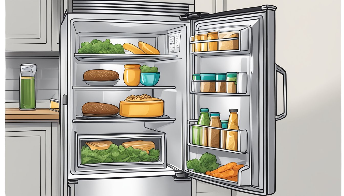 A refrigerator with an open door, revealing a package of seitan inside