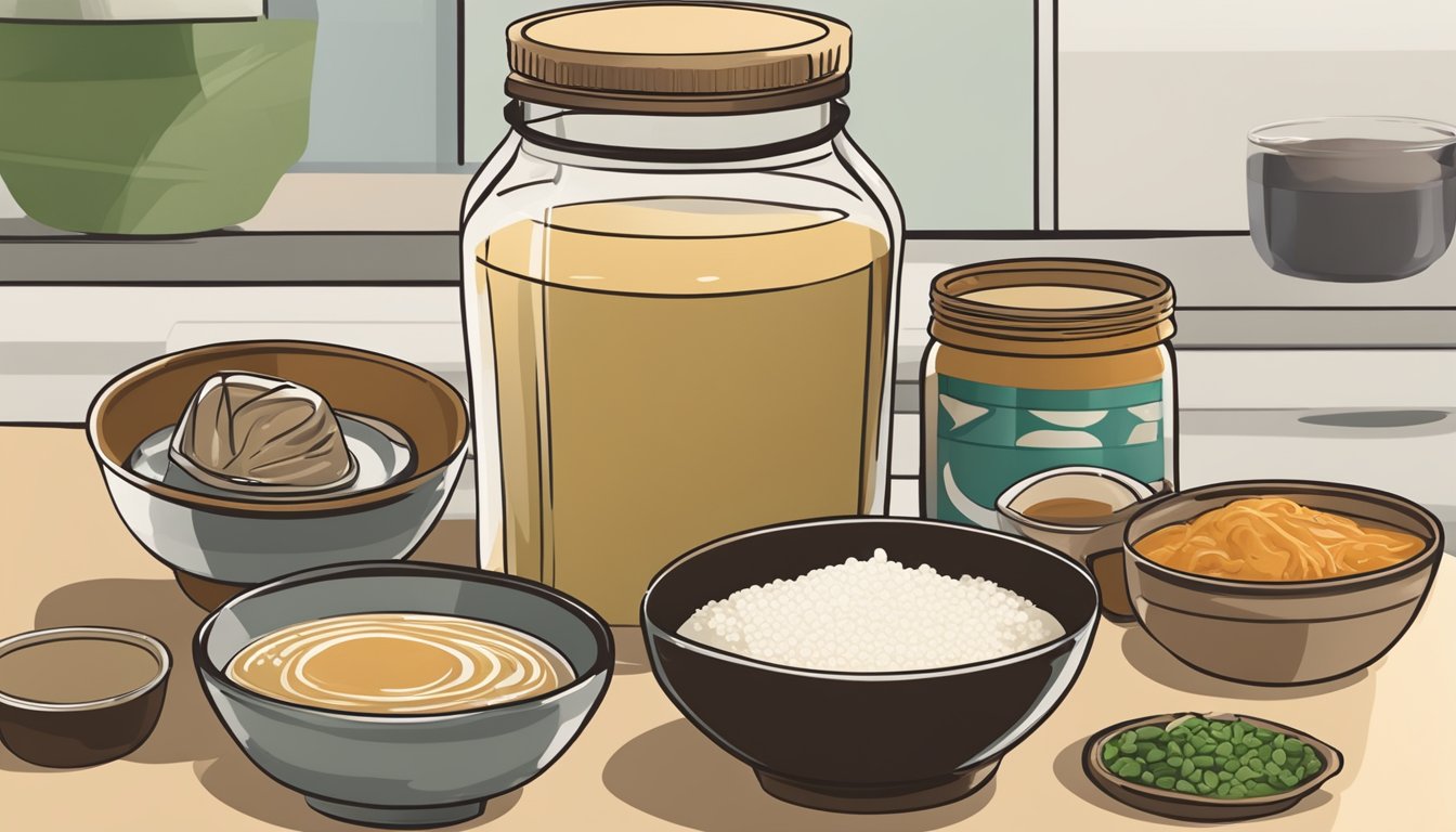 A jar of miso sits on a kitchen counter, next to a bowl of miso soup and various types of miso paste in different containers