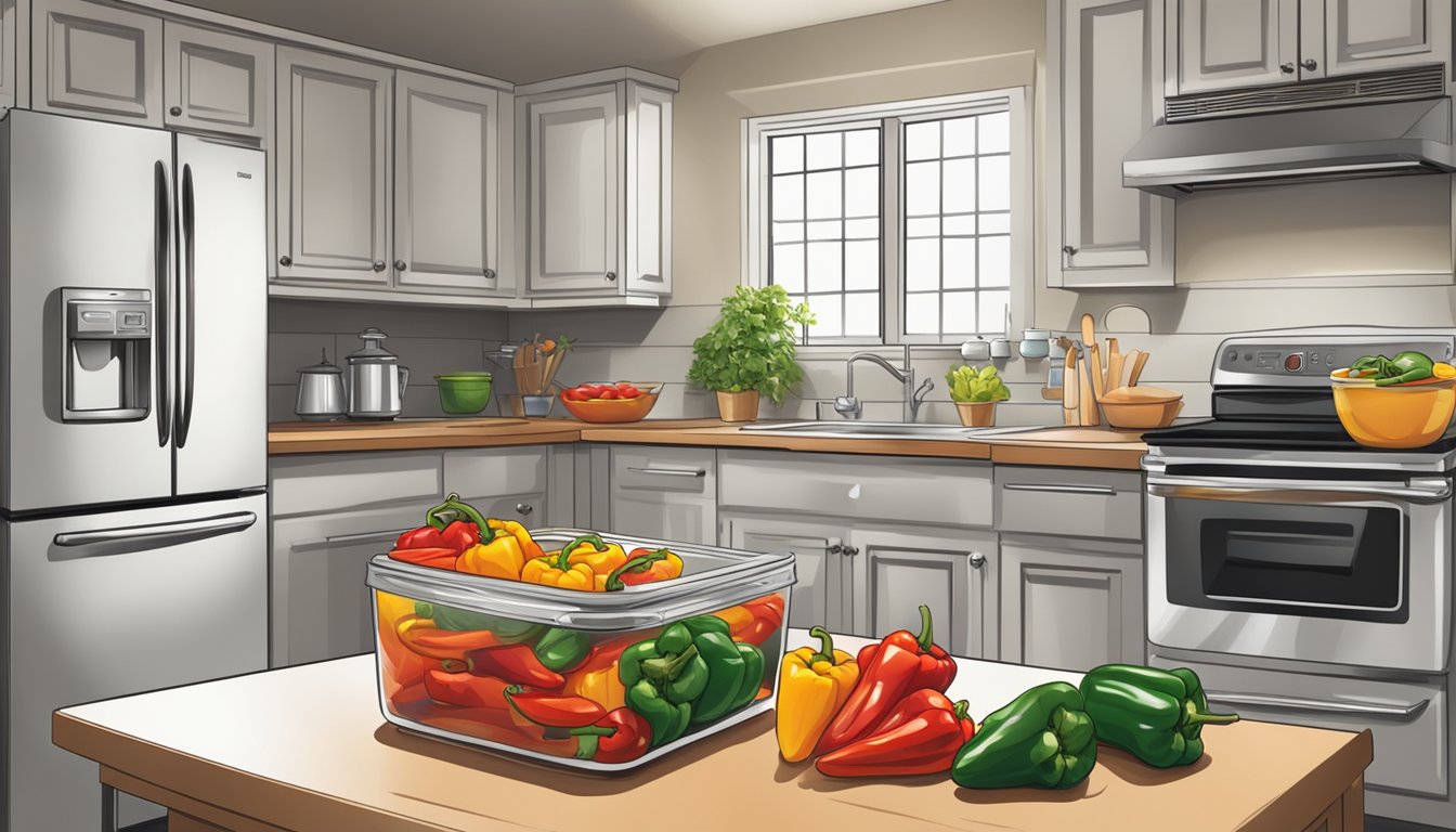 A kitchen counter with a bowl of roasted peppers, airtight container, and refrigerator in the background