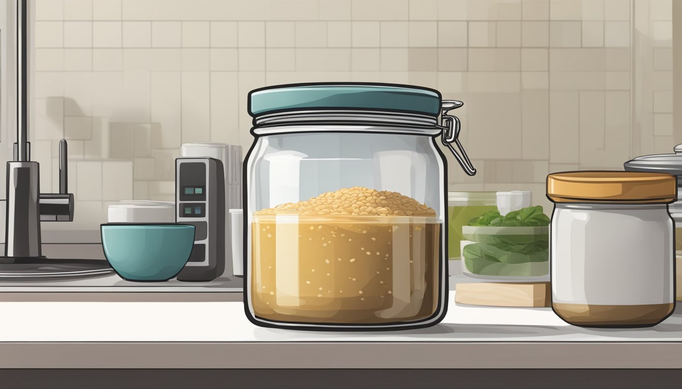 A jar of miso sits on a kitchen counter, next to a refrigerator. The lid is tightly sealed, and a small spoon rests on top