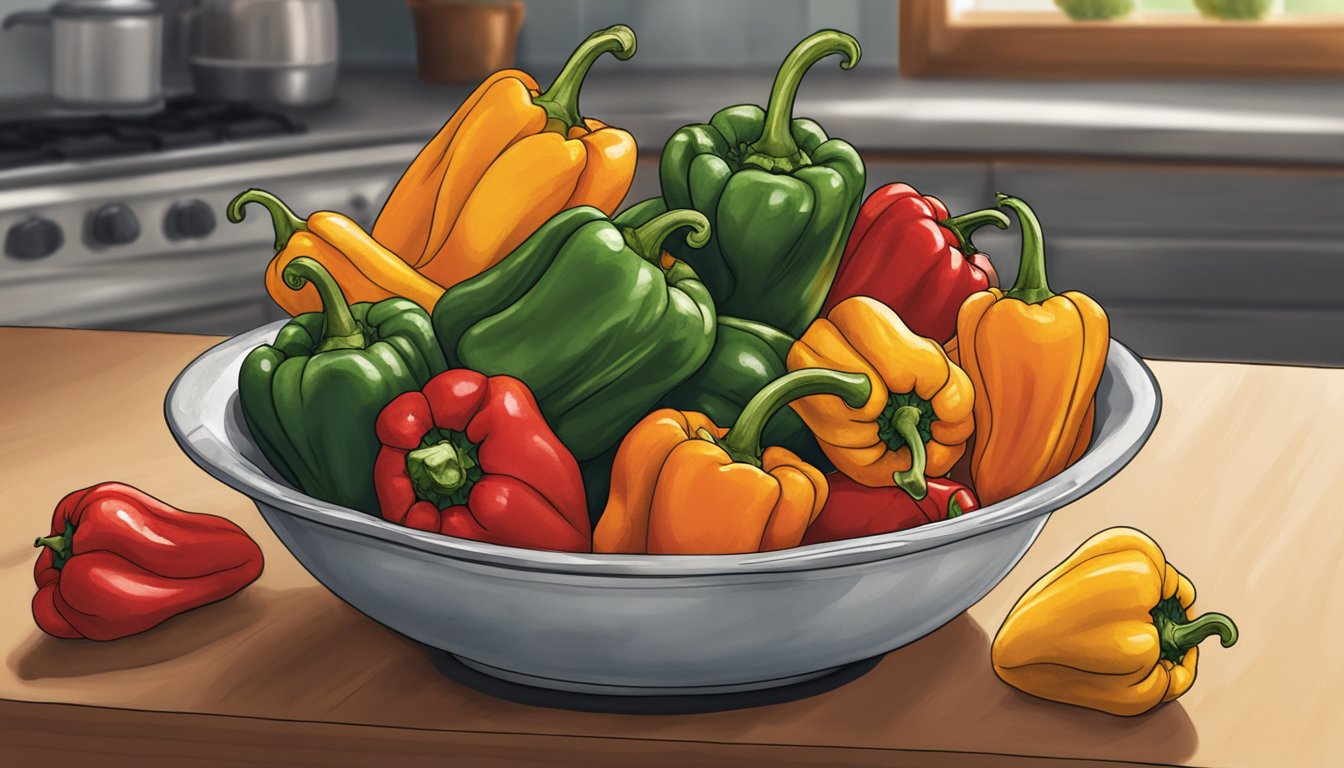 A bowl of roasted peppers sits on a kitchen counter. Some are wrinkled and discolored, showing signs of spoilage