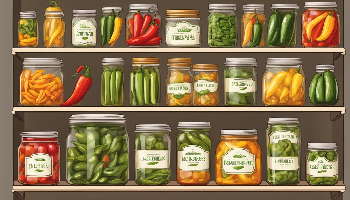 A variety of peppers - bell, jalapeno, and chili - are stored in different containers: a refrigerator for fresh peppers and airtight jars for roasted peppers