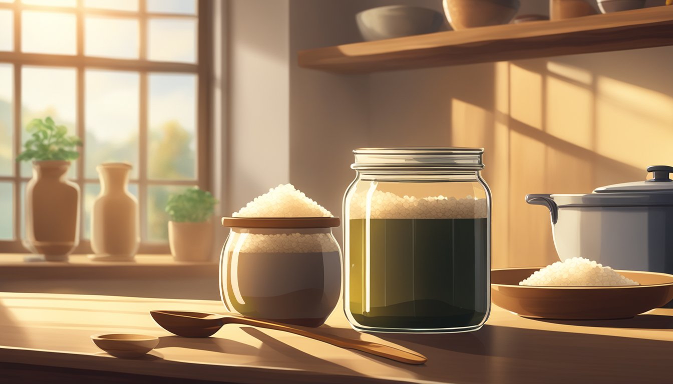 A jar of miso sits on a kitchen counter, next to a bowl of rice and a wooden spoon. The sunlight streams in through a window, casting a warm glow on the scene