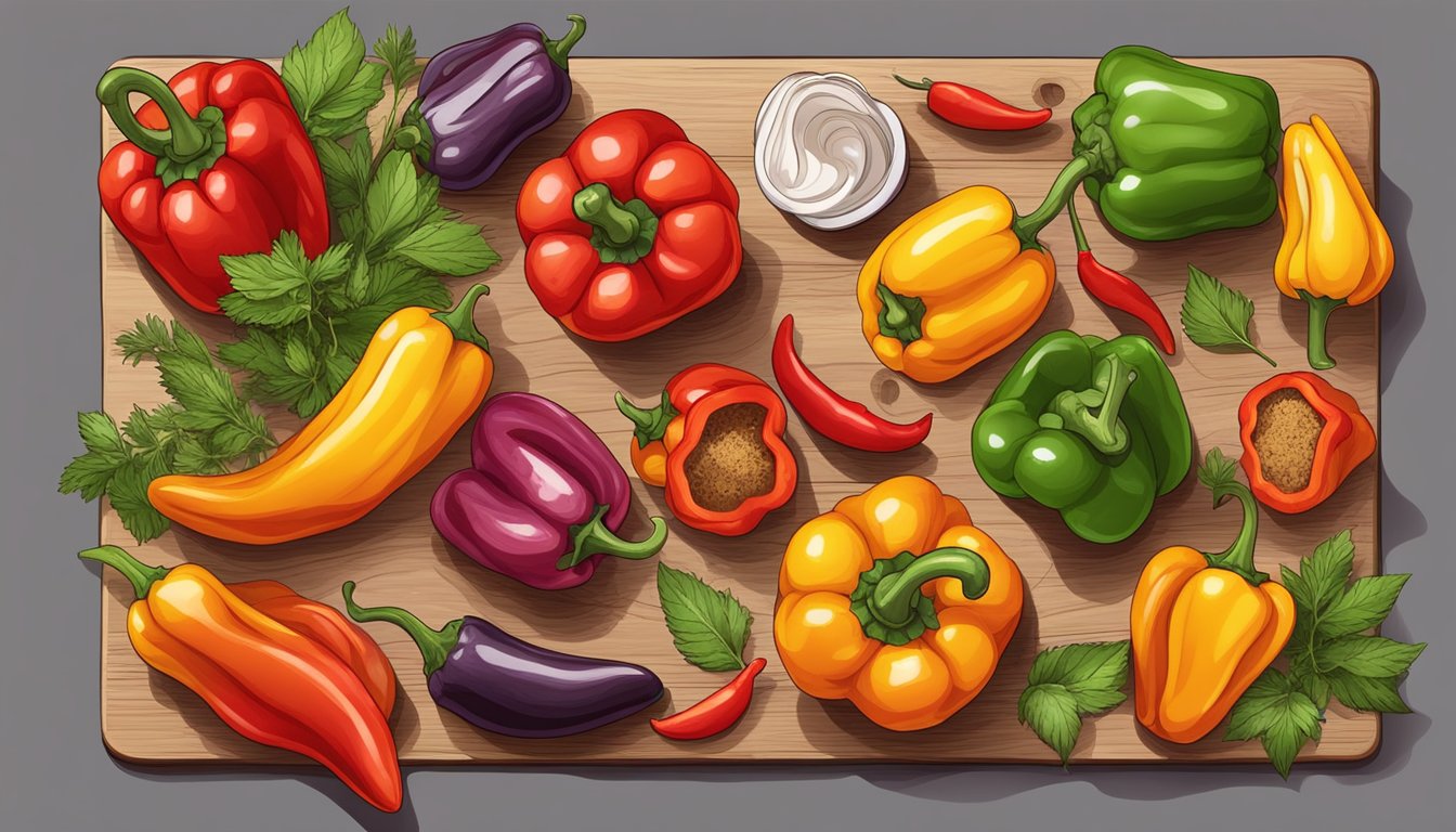 A colorful array of roasted peppers arranged on a wooden cutting board, surrounded by fresh herbs and spices