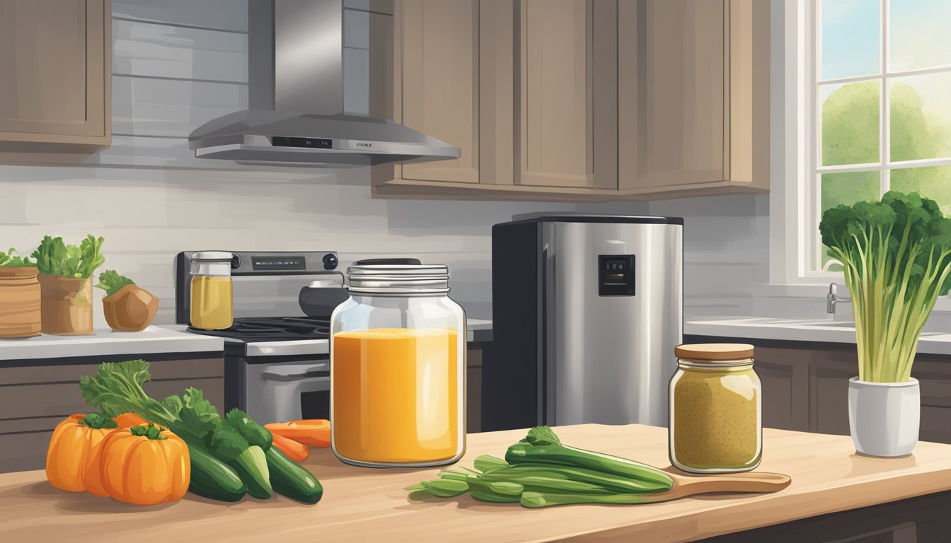 A jar of miso sits on a kitchen counter next to fresh vegetables and a wooden spoon. The fridge door is open, showing other condiments inside