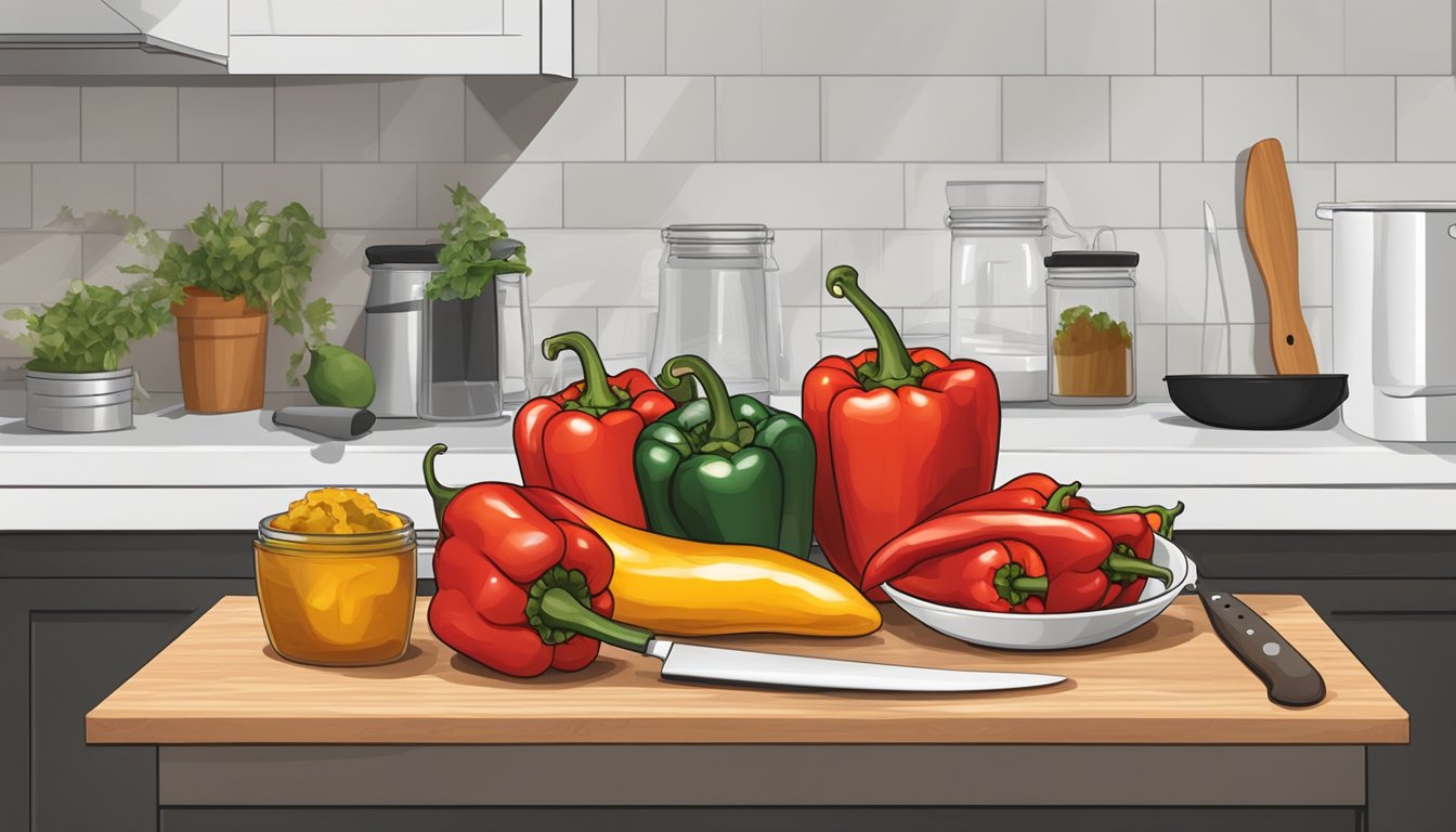 A kitchen counter with a bowl of roasted peppers, a cutting board, knife, and airtight container