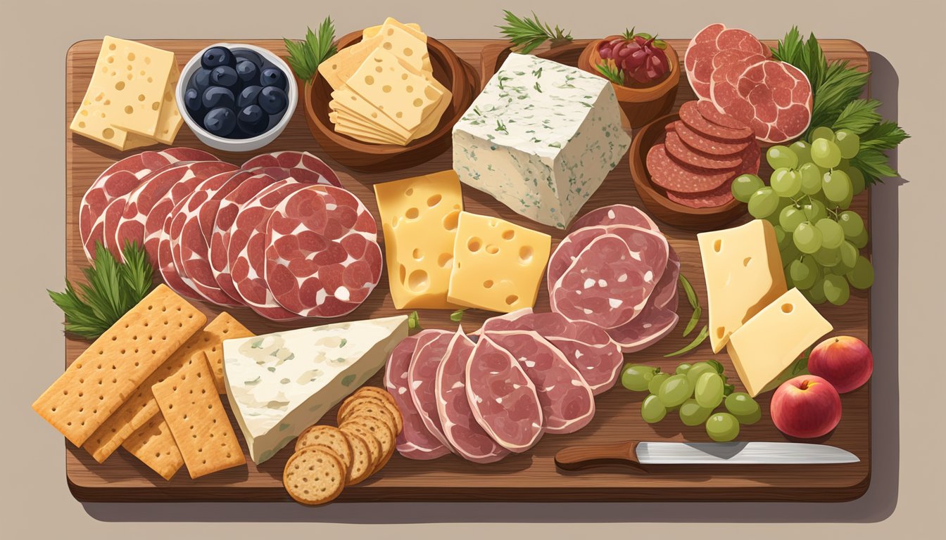 A charcuterie board with various meats, including salami, displayed alongside cheese, crackers, and fruit on a wooden platter