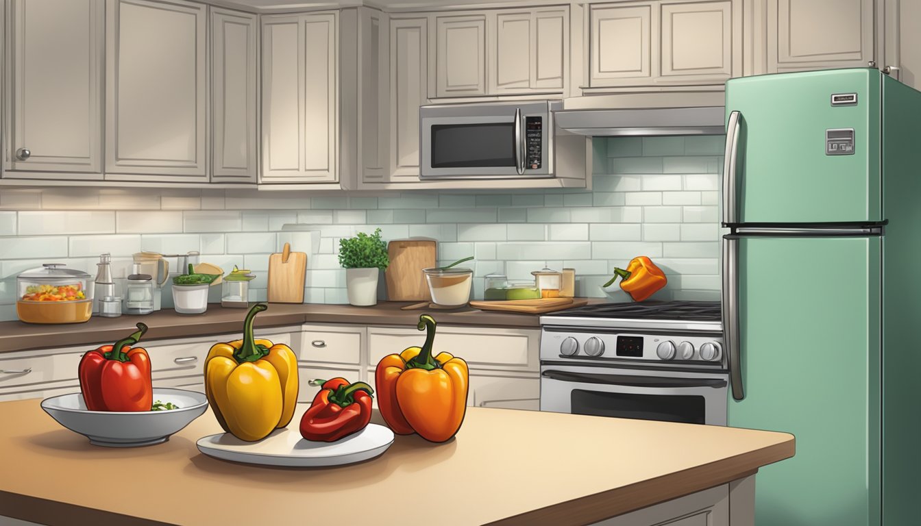 A kitchen counter with pre-packaged and homemade roasted peppers, a refrigerator in the background