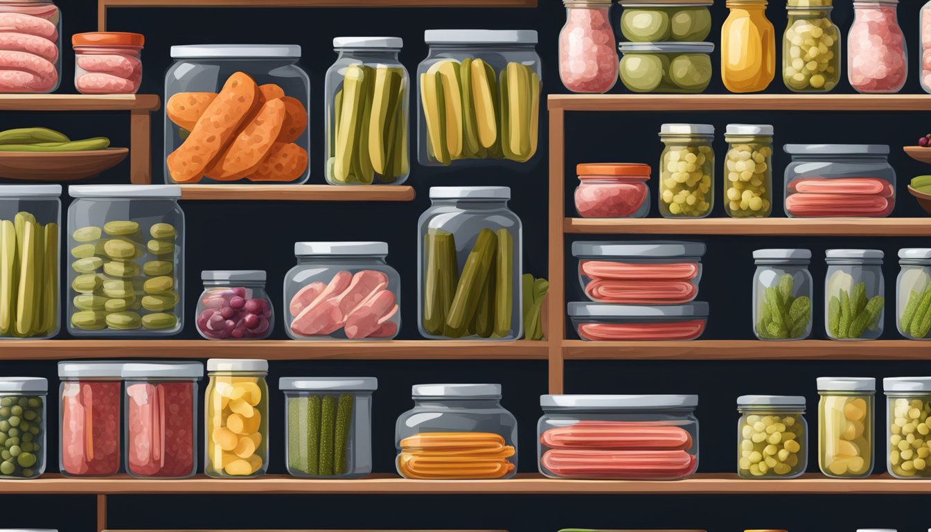 A pantry shelf with neatly arranged salami sticks, surrounded by jars of pickles and olives