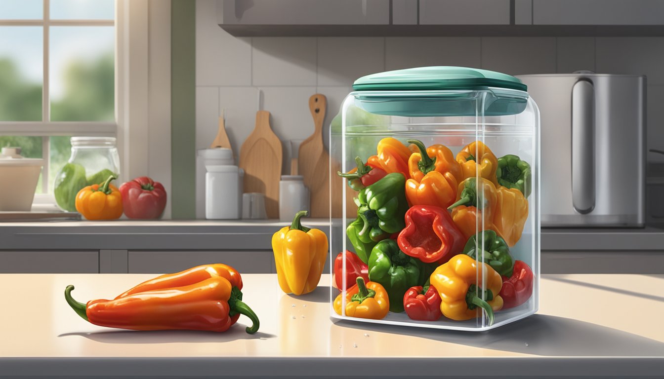 A glass container filled with cut roasted peppers sits on a kitchen counter next to a refrigerator. The lid is partially open, and a few droplets of water condensation can be seen on the inside of the container