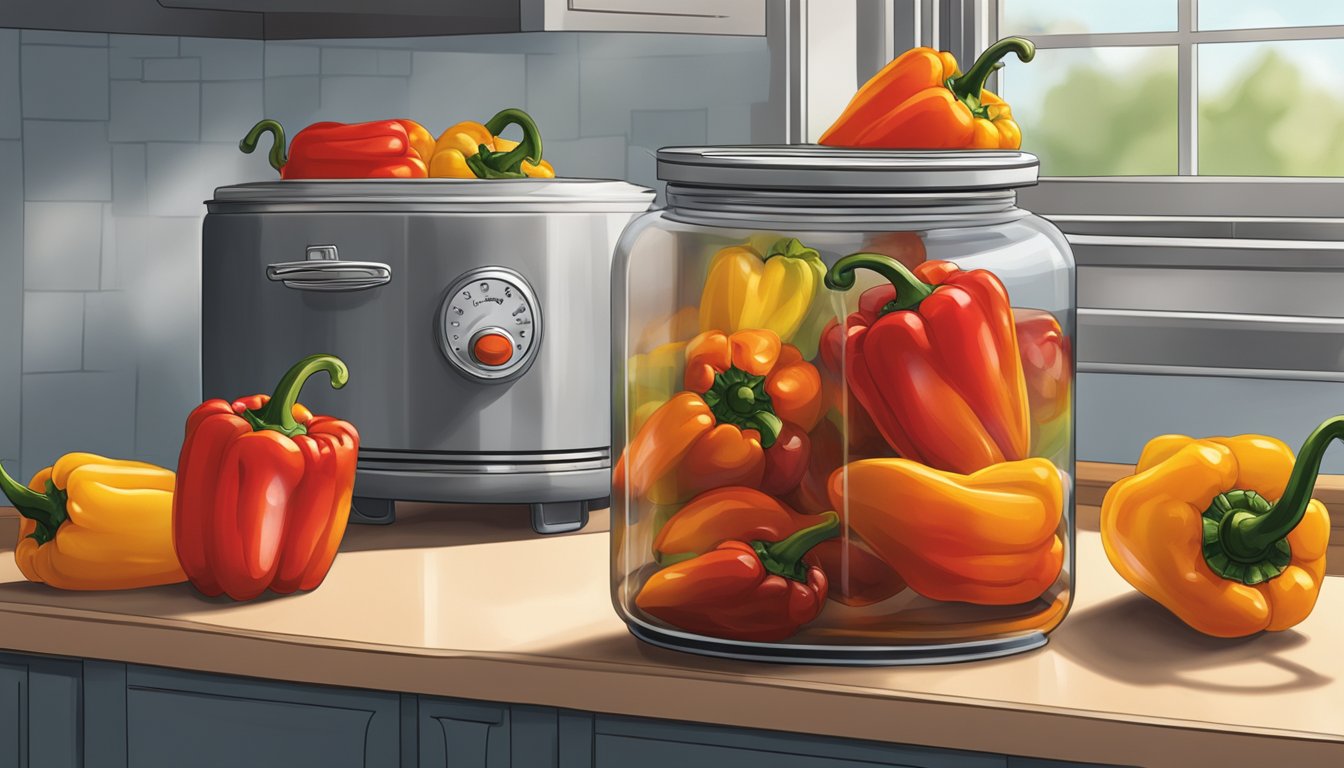 A jar of roasted peppers sits on a kitchen counter, next to a refrigerator. The lid is slightly ajar, with steam rising from the freshly roasted peppers