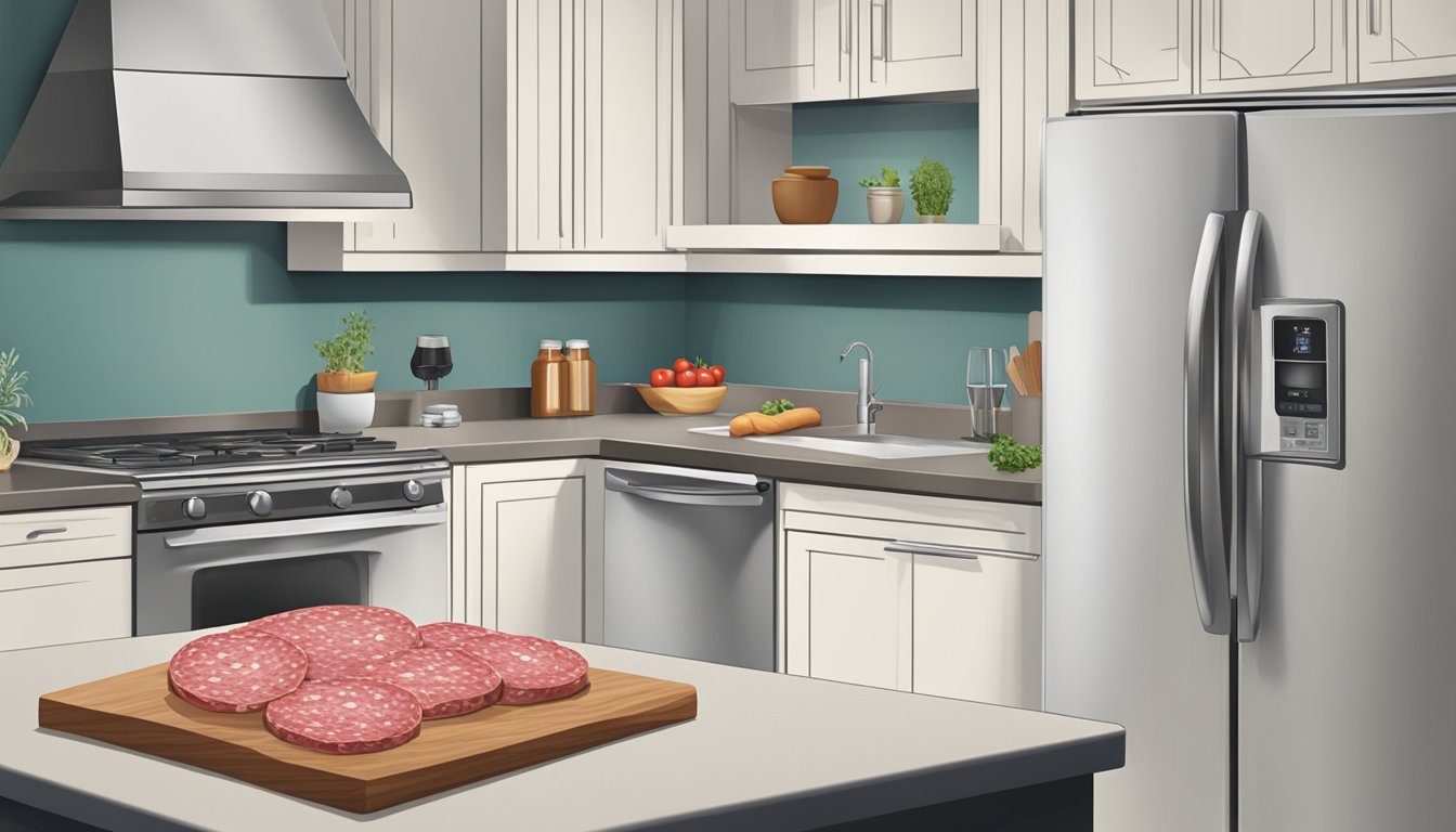 A kitchen counter with a package of salami, a refrigerator, and a question mark above the salami