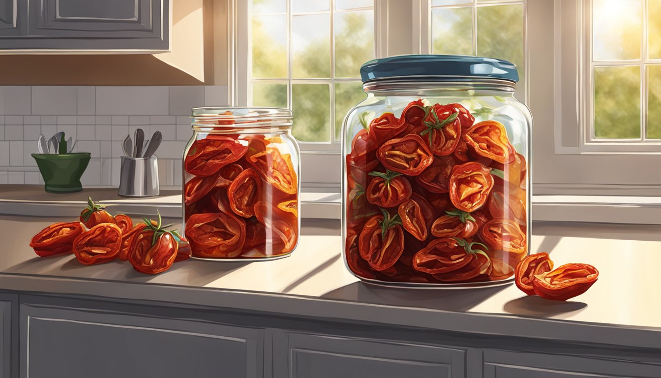 Sun-dried tomatoes in a glass jar on a kitchen counter, with sunlight streaming in through a window