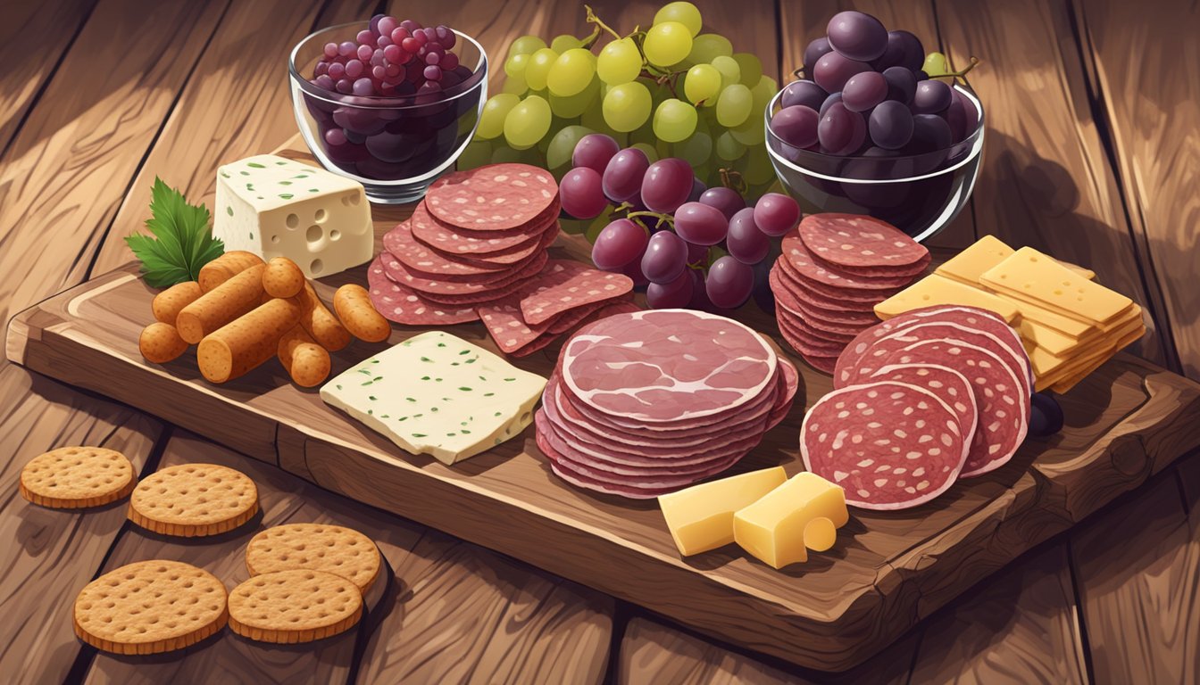 A charcuterie board with various types of salami, surrounded by crackers, cheese, and grapes, set on a rustic wooden table