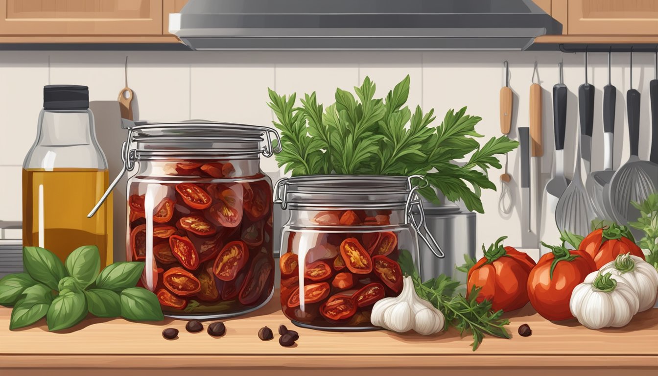 A jar of oil-packed sun-dried tomatoes sits on a kitchen counter, surrounded by fresh herbs and garlic cloves