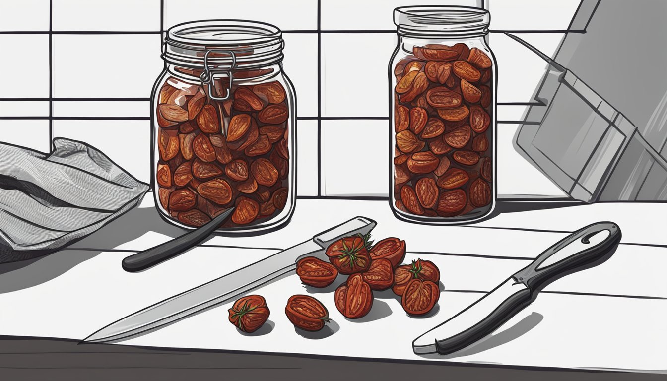 A kitchen counter with a jar of sun-dried tomatoes, a knife, and a cutting board. The tomatoes are dry-packed and not refrigerated