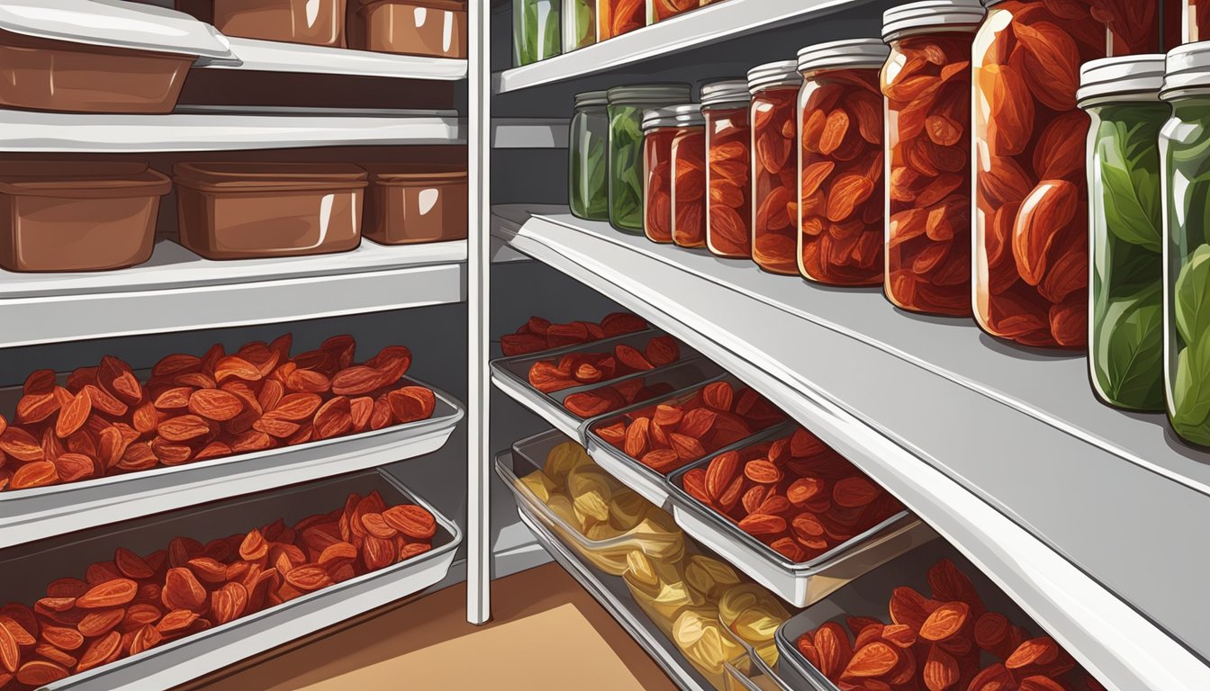 Sun-dried tomatoes stored in airtight containers on a pantry shelf, away from direct sunlight