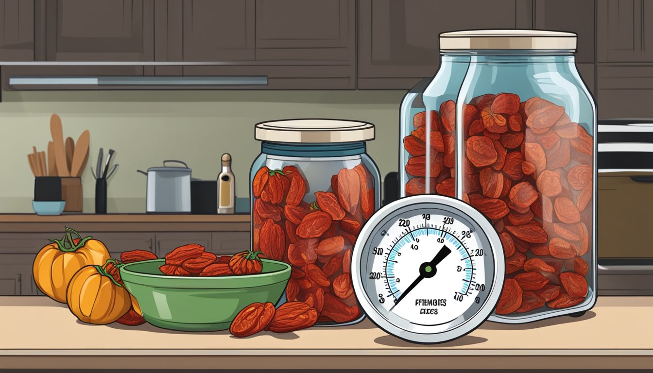 A kitchen counter with a bowl of sun-dried tomatoes next to a refrigerator. A thermometer and expiration date labels are visible