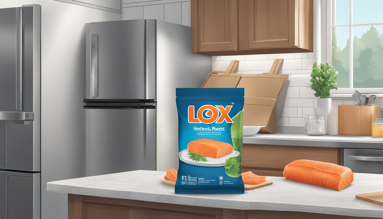 A package of lox sits on a kitchen counter, next to a refrigerator. The lox is unwrapped and appears to be at room temperature