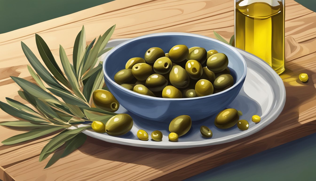 A bowl of opened olives sits on a wooden cutting board, surrounded by scattered olive leaves and a small dish of olive oil