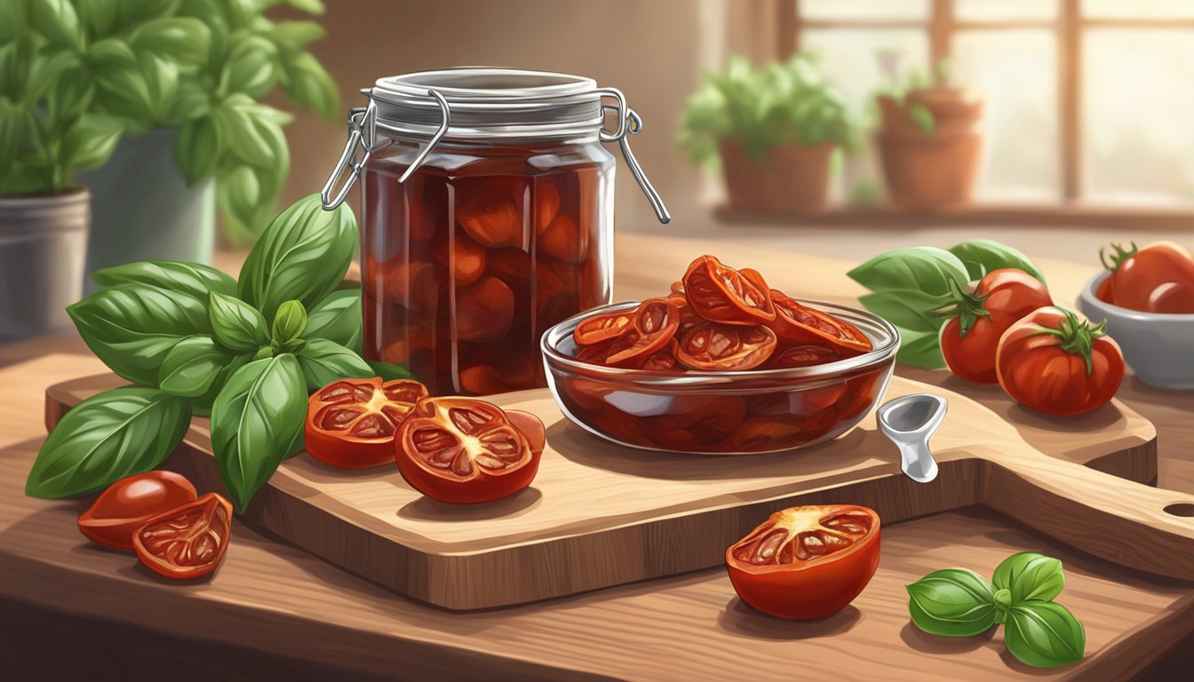 Sun-dried tomatoes sit on a wooden cutting board next to fresh basil and garlic, with a jar of olive oil in the background