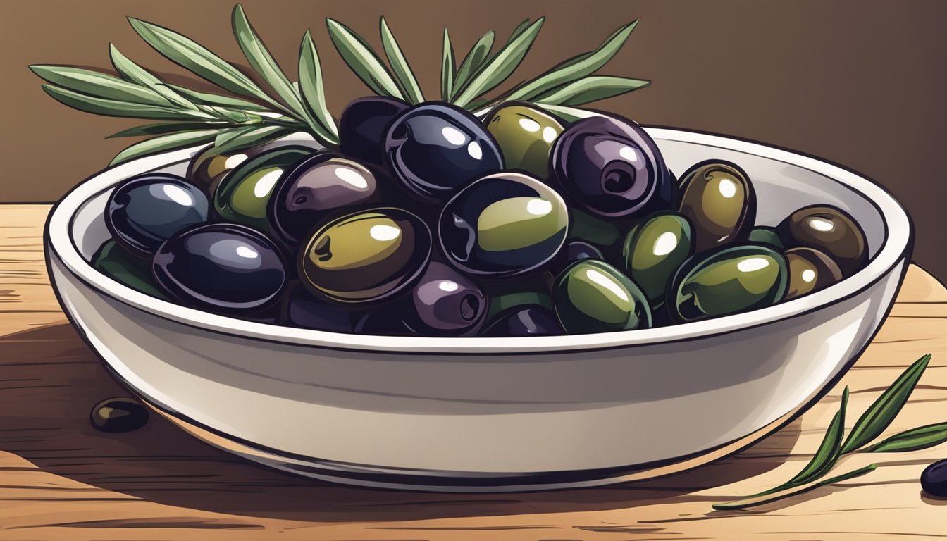 A bowl of assorted olives sits on a wooden cutting board, surrounded by fresh rosemary and a small dish of olive oil