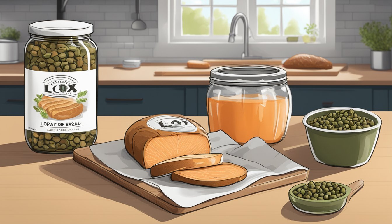 A package of lox sits on a kitchen counter next to a jar of capers and a loaf of bread