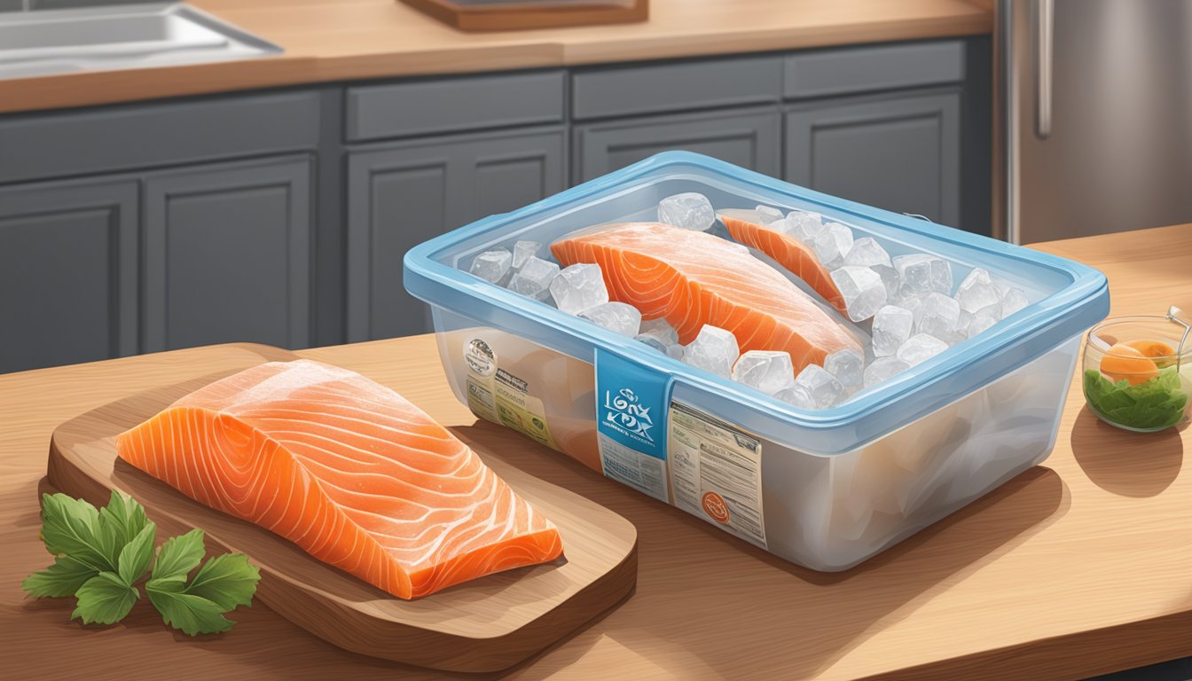 A bag of lox sits on a wooden cutting board next to a bowl of ice. A refrigerator door is open in the background