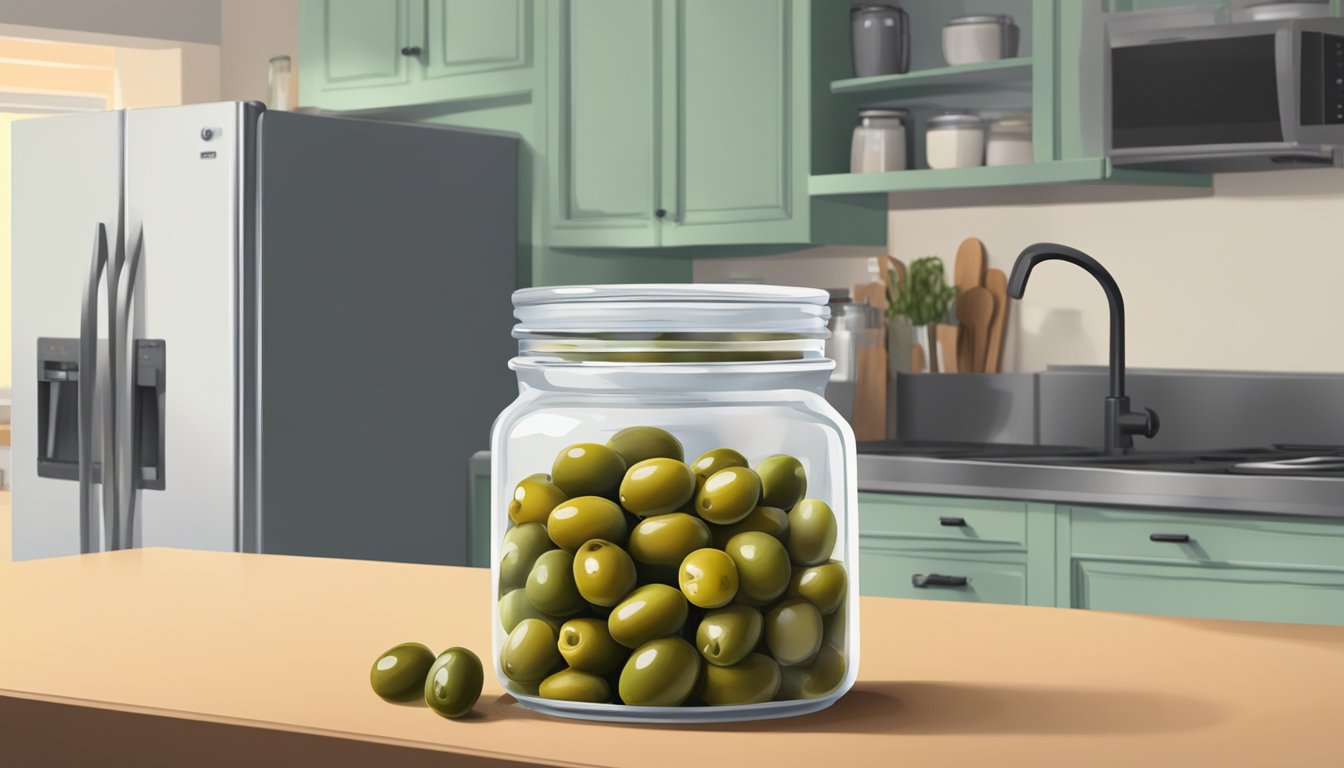 A jar of olives sits on a kitchen counter next to a refrigerator, with a question mark hovering above it