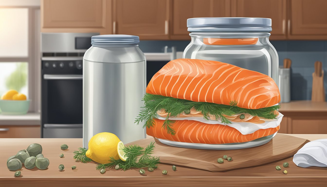 A package of lox sits on a kitchen counter next to a jar of capers and a lemon, with a refrigerator in the background