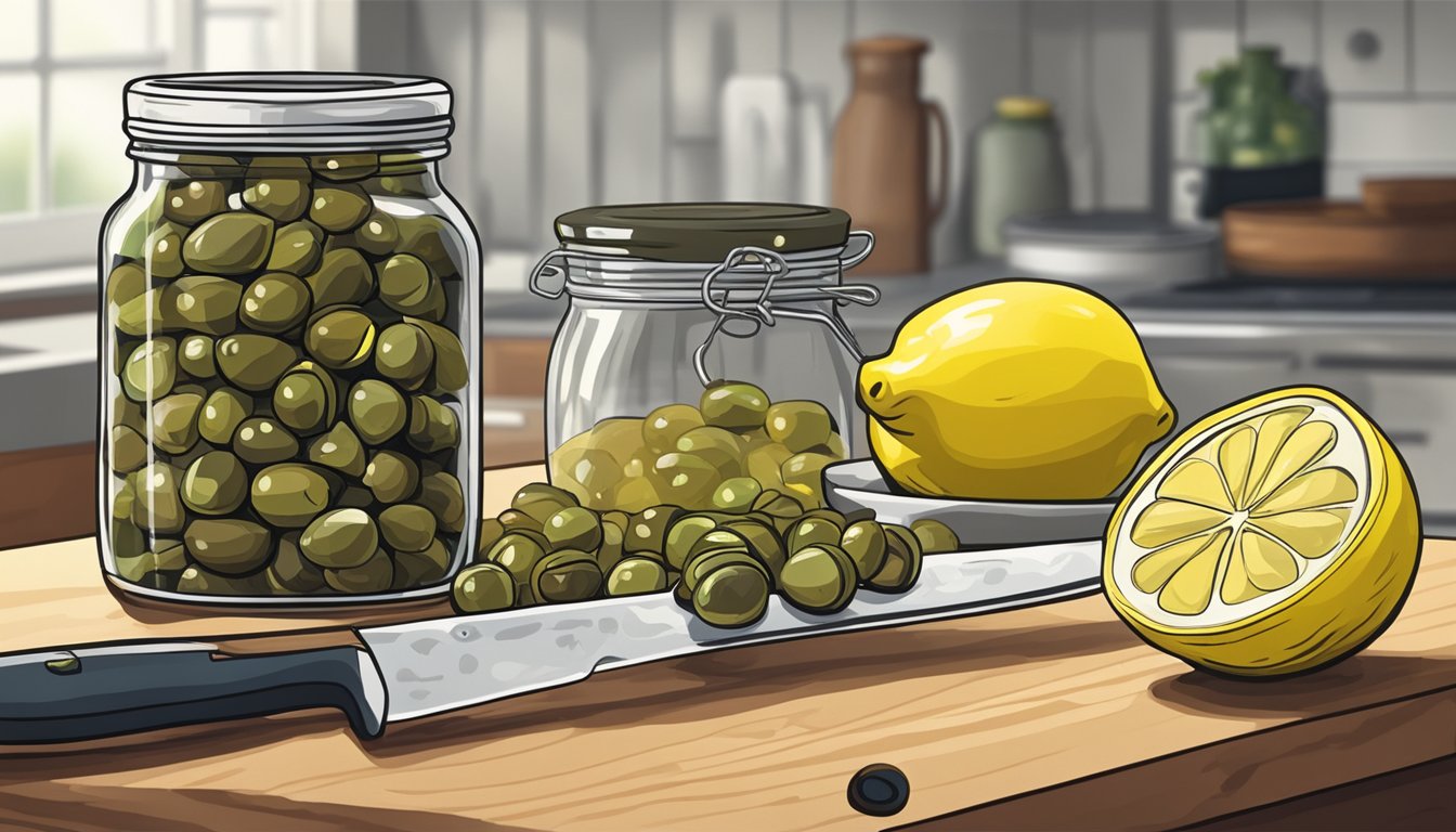 A jar of capers sits on a kitchen counter next to a cutting board, knife, and lemon, with a refrigerator in the background