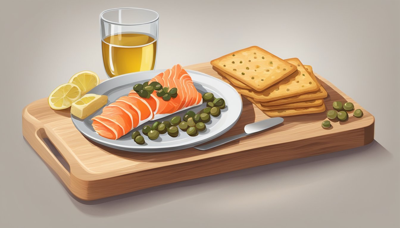 A plate of lox sits on a wooden cutting board next to a stack of crackers and a small dish of capers. A glass of white wine is placed nearby