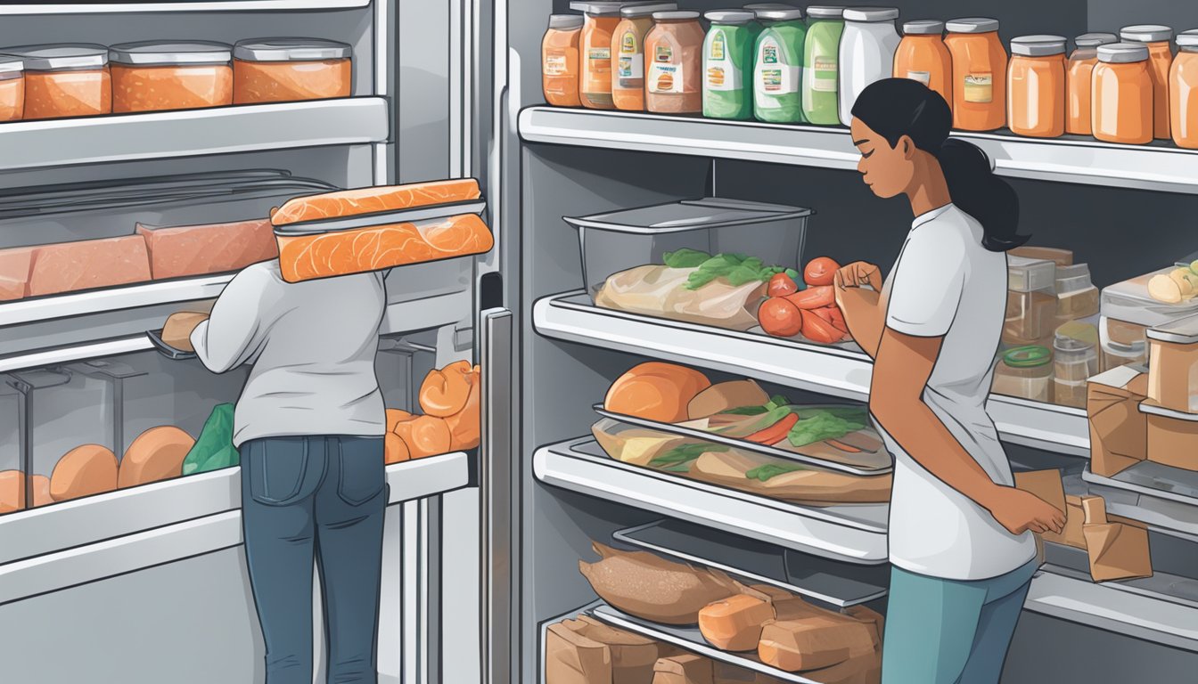 A person placing a package of lox in the refrigerator next to other food items