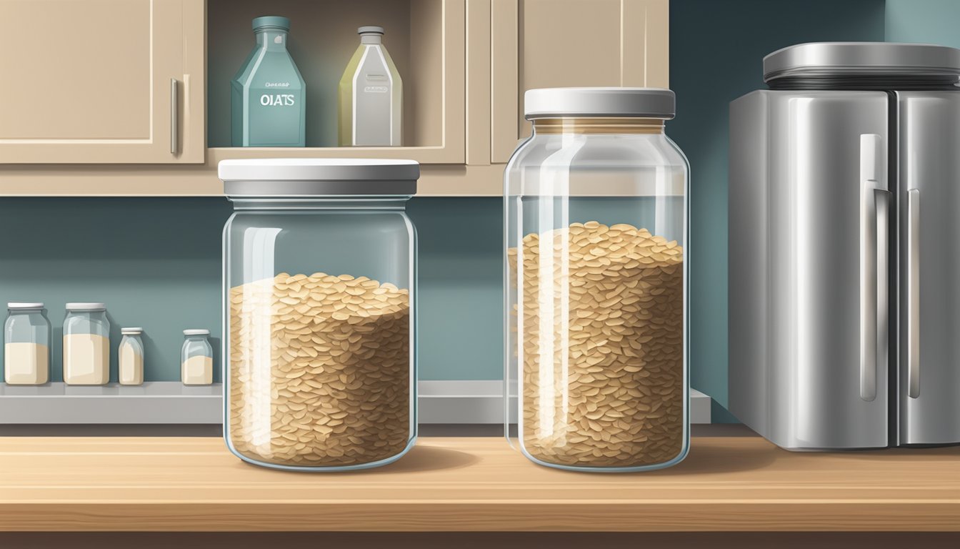 A glass jar of dry oatmeal sits on a pantry shelf next to a sealed bag of oats. A refrigerator is visible in the background