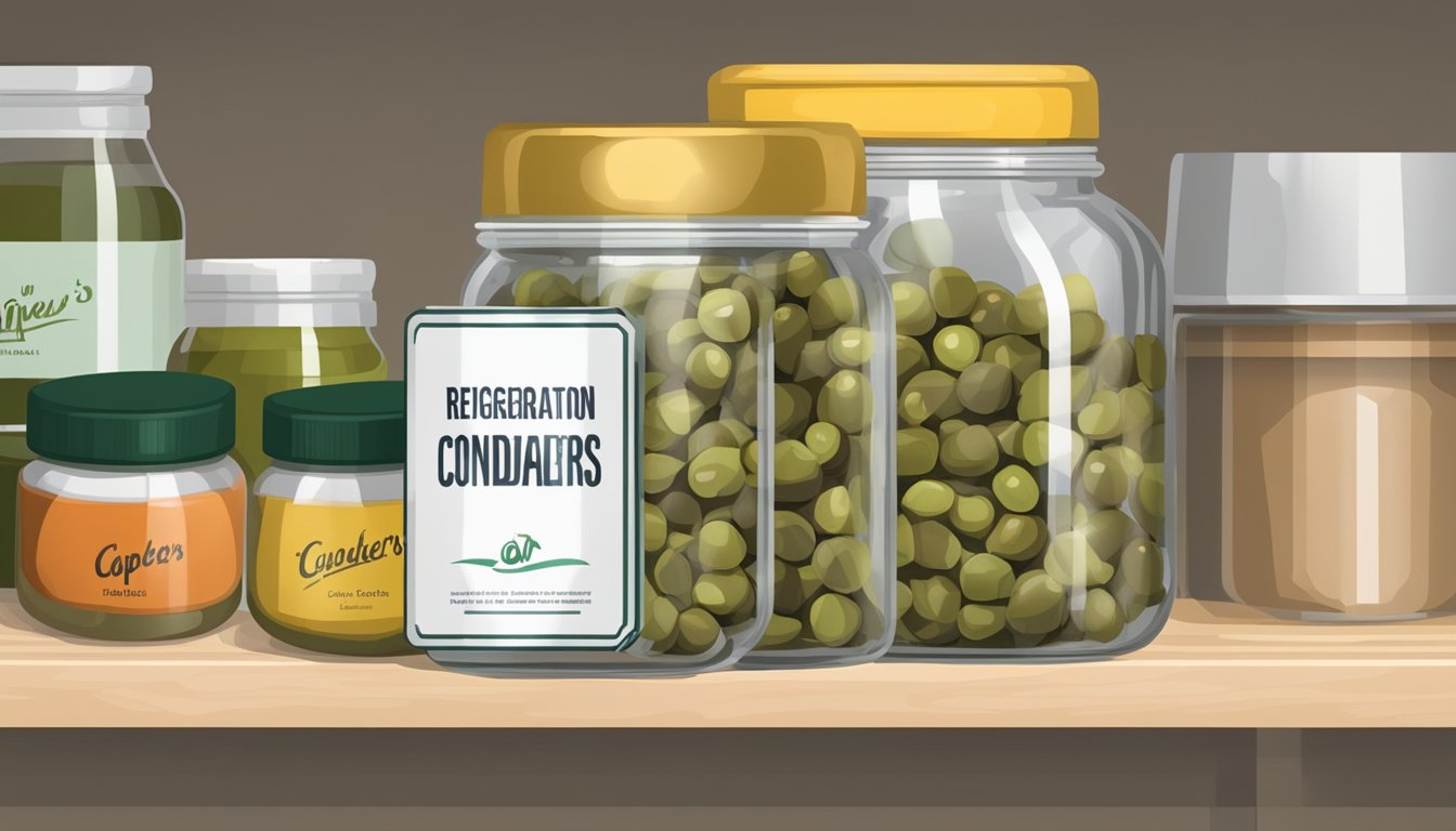 A jar of capers sits on a kitchen shelf next to other condiments, with a label indicating whether refrigeration is required